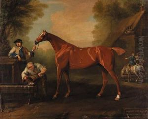 Greville, A Chestnut Thoroughbred Held By A Groom, With Otherfigures By A Barn