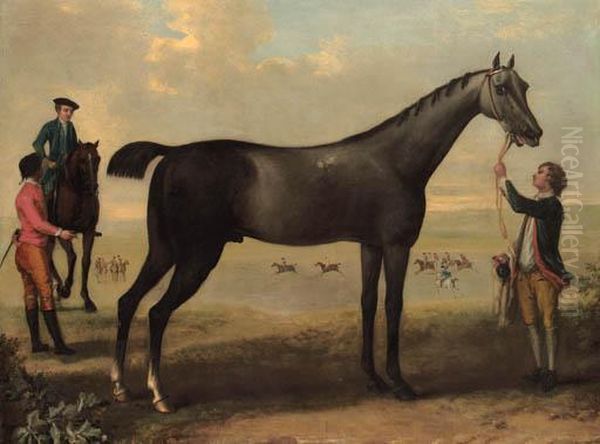 Childers, A Dark Bay Racehorse
Held By A Groom, With A Horse Andrider And Jockey Beside Him, In An
Extensive Landscape. - view 1