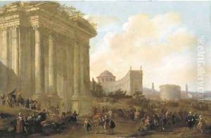 A capriccio of classical architecture in a town with soldiers and oriental merchants by Jacob Van Der Ulft