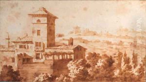An Italian villa with a terrace in a hilly landscape