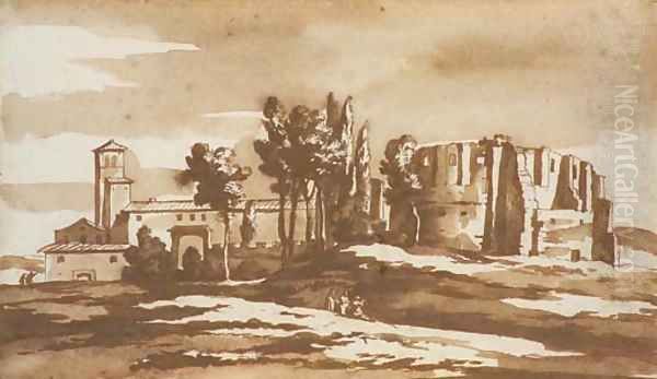 The Roman Campagna with a villa, ruins of an antique building and three figures in the foreground by Jacob Van Der Ulft