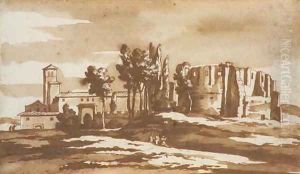 The Roman Campagna with a villa, ruins of an antique building and three figures in the foreground