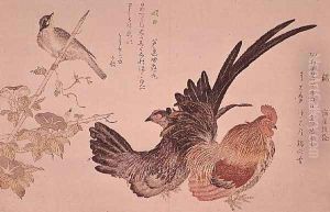 A domestic hen and cock and Japanese bunting on a bamboo shoot, c.1791 by Kitagawa Utamaro