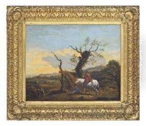 A Wooded Landscape With Figures Beside An Encampment
