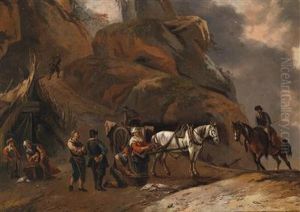 Fishmongers In A Mountainous Landscape by Pieter Wouwermans or Wouwerman