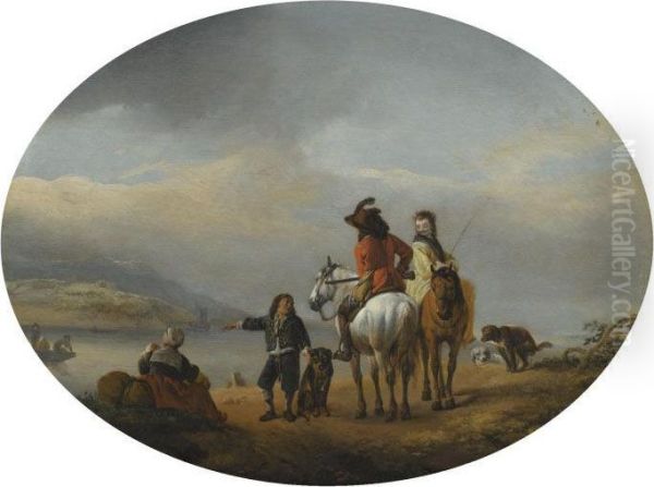 A Lady And A Gentleman On Horseback Being Shown To An Approaching Ferry By A Young Page - view 1