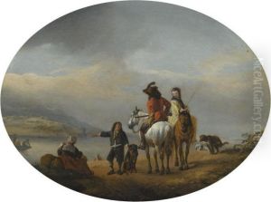 A Lady And A Gentleman On Horseback Being Shown To An Approaching Ferry By A Young Page A Lady And A Gentleman On Horseback Being Shown To An Approaching Ferry By A Young Page
