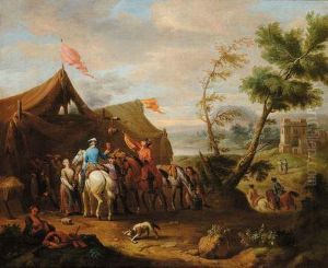 Scena All aperto Raffigurante Accampamento Con Cavalieri
