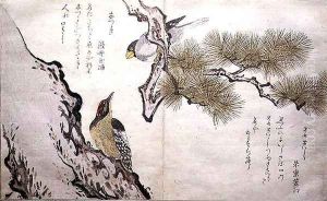 Hawfinch and a Woodpecker, from an album Birds compared in Humorous Songs, 1791 by Kitagawa Utamaro