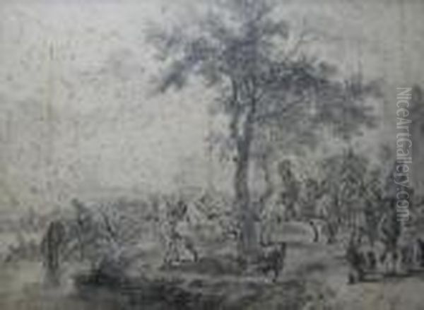 Travellers Resting: A Carriage Party, Horsemen And Other Figures Bya River - view 1