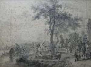 Travellers Resting: A Carriage Party, Horsemen And Other Figures Bya River by Pieter Wouwermans or Wouwerman