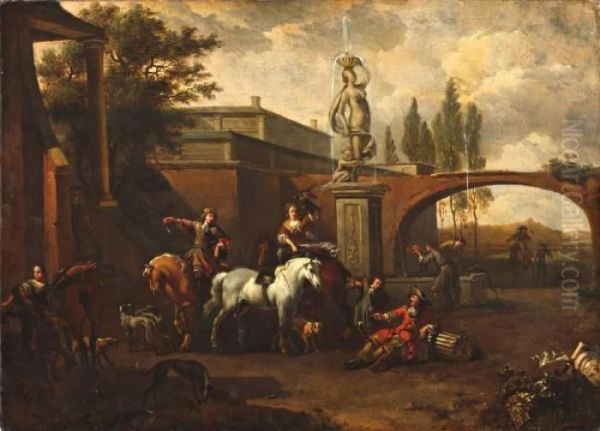 Elegant Gezelschap Bij Een Fontein - view 1
