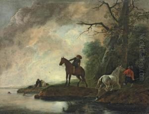 A River Landscape With A Horse Led Back From Watering A River Landscape With A Horse Led Back From Watering