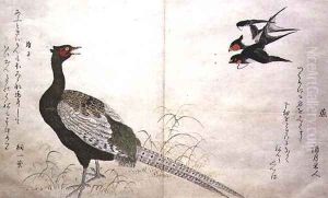 Pair of Chimney Swallows and a Green Pheasant, from an album Birds compared in Humorous Songs, 1791 by Kitagawa Utamaro