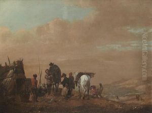 Figures Arriving At An Encampment, A Coastal Landscape Beyond by Pieter Wouwermans or Wouwerman