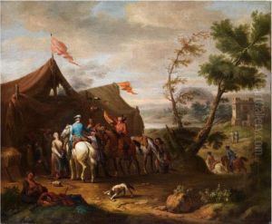 Zwei Reiter In Begleitung Mehrerergesellen Vor Einem Marketenderzelt by Pieter Wouwermans or Wouwerman