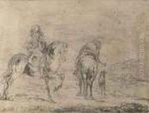 Two Elegant Huntsmen On Their Horses With A Dog Two Elegant Huntsmen On Their Horses With A Dog