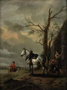 Peasants Resting Outside A Cottage, Travellers Beyond by Pieter Wouwermans or Wouwerman