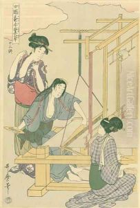 Weaving the silk, no.12 from Joshoku kaiko tewaza-gusa, c.1800 by Kitagawa Utamaro