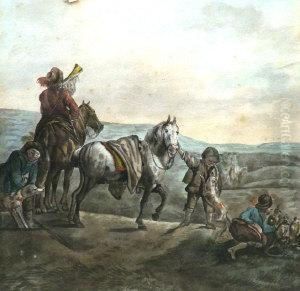 A Horseman, 
Hunterswith Dogs And Falcons On A Bluff With A Landscape Beyond