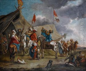 Soldiers And Peasants Before A Militaryencampment by Pieter Wouwermans or Wouwerman