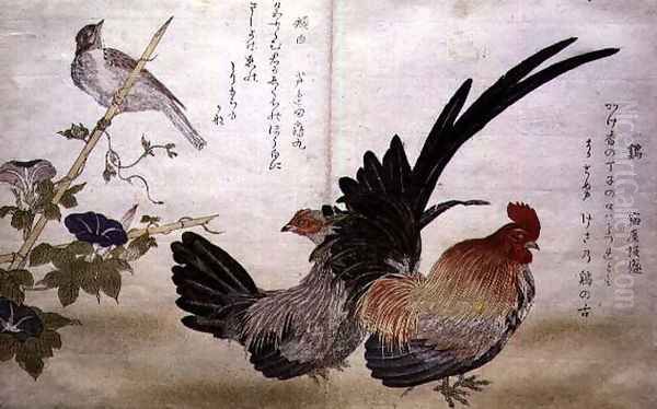 Cockerel and Hen on the right with a Bunting on the left, from an album Birds compared in Humorous Songs Momo Chidori Kyoka Awase, 1791 - view 1