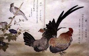 Cockerel and Hen on the right with a Bunting on the left, from an album Birds compared in Humorous Songs Momo Chidori Kyoka Awase, 1791 by Kitagawa Utamaro