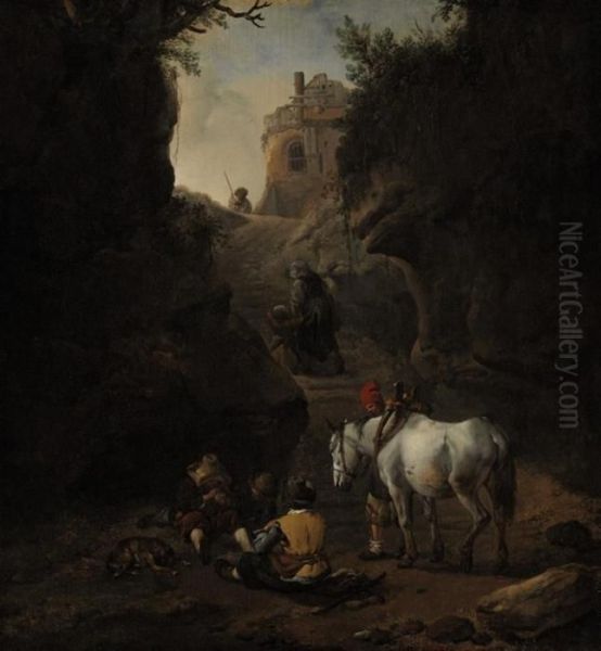 Peasants Playing Cards By A White Horse - view 1