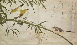 Long-tailed Tit and three White Eyes, from an album Birds compared in Humorous Songs, 1791 by Kitagawa Utamaro