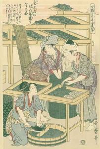 Feeding the silk worms, no.3 from Joshoku kaiko tewaza-gusa, c.1800 by Kitagawa Utamaro