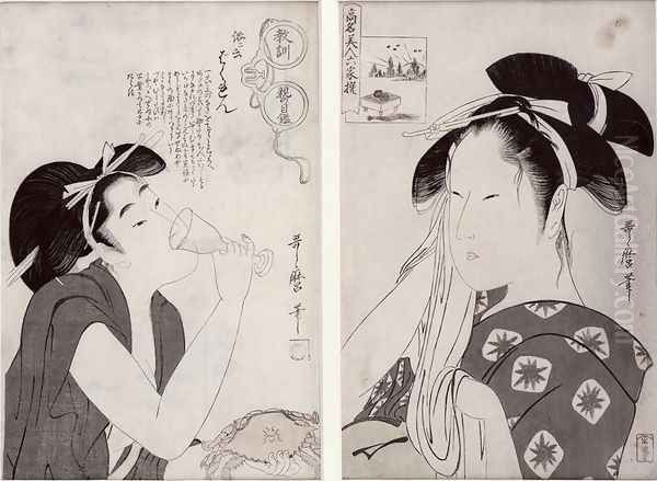 An impertinent woman, from the series Kyokun oya no megane Education Seen Through the Parents Eyes c.1803 and Asahiya Goke the widow, from the series Komei bijin rokkasen, c.1796 - view 1