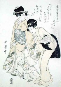 Lady and a Nursemaid Teaching a Child to Walk by Kitagawa Utamaro