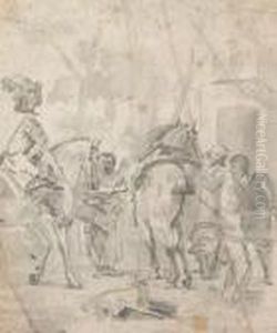 Two Gentlemen Resting In Front Of A Pub by Pieter Wouwermans or Wouwerman