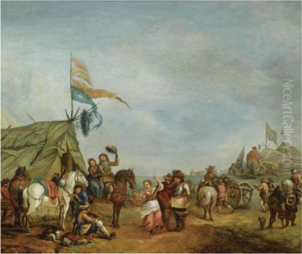 A Military Encampment, With
Soldiers And Women Dancing And Making Music Before A Sutler's Tent - view 1