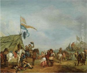A Military Encampment, With
Soldiers And Women Dancing And Making Music Before A Sutler's Tent by Pieter Wouwermans or Wouwerman