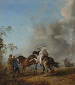 A Mare And A Stallion In Front Of A House by Pieter Wouwermans or Wouwerman