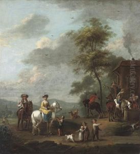 Elegant Company On Horseback At Halt, By An Inn by Pieter Wouwermans or Wouwerman