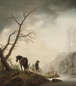 A River Landscape With A Traveller And His Horses At Rest, Bathersbeyond