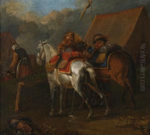 Camp With Tents,men And Two Horses by Pieter Wouwermans or Wouwerman