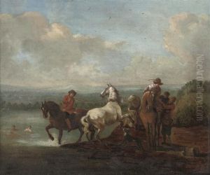 A River Landscape With Riders Breaking In A Horse by Pieter Wouwermans or Wouwerman