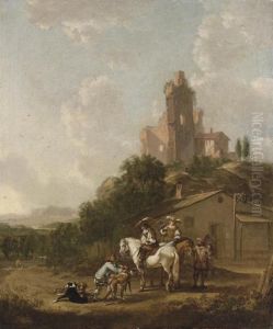 A Hawking Party At Rest Outside An Inn, An Extensive Landscapebeyond