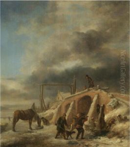A Winter Landscape, With Figures By A Bridge Over A Frozenstream