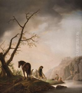 Reiter Mit Zwei Pferden Am Flussufer by Pieter Wouwermans or Wouwerman