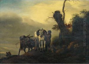 Un Palefrenier Aupres De Chevaux Et Moutons