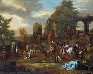 Rastende Reitergesellschaft Vor Ruinen by Pieter Wouwermans or Wouwerman