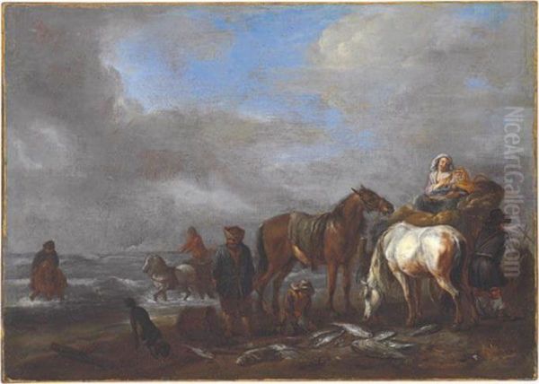 Fishermen On A Beach With Their Catch - view 1