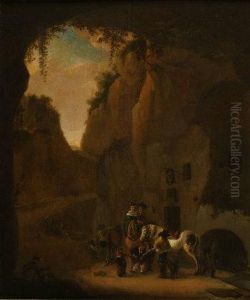 Elegant Equestrian Party Outside A Mountain Inn by Pieter Wouwermans or Wouwerman