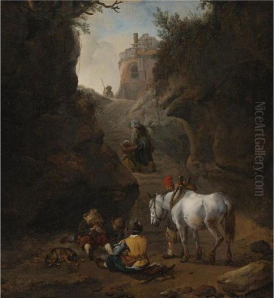 Peasants Playing Cards By A White Horse In A Rocky Gully - view 1