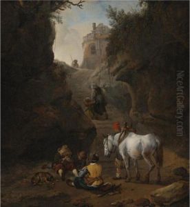 Peasants Playing Cards By A White Horse In A Rocky Gully by Pieter Wouwermans or Wouwerman