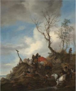 Horse-wagons On A Rough Road by Pieter Wouwermans or Wouwerman